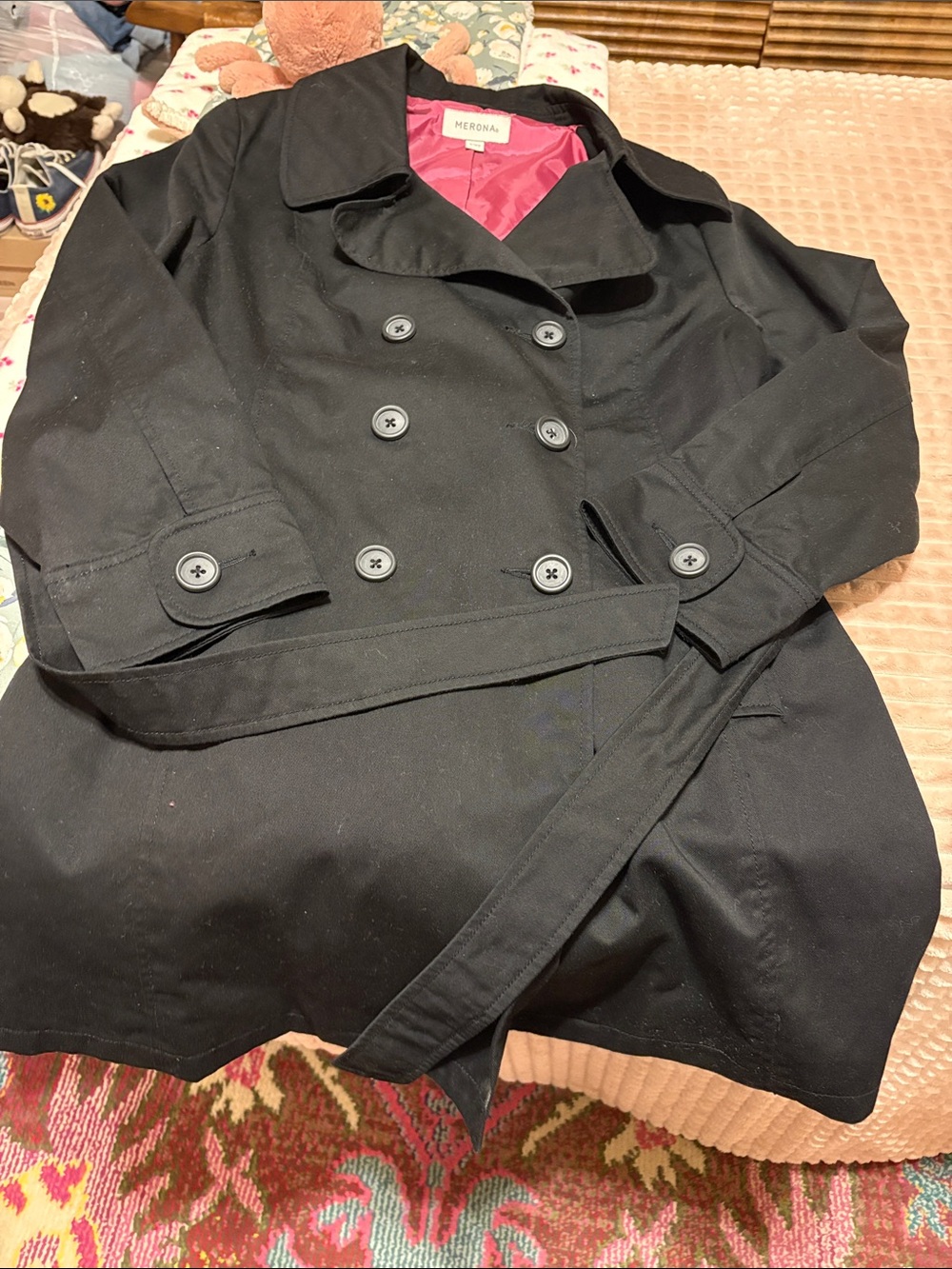 Merona Black Double-Breasted Pea Coat with Pink Lining sz 16-18W